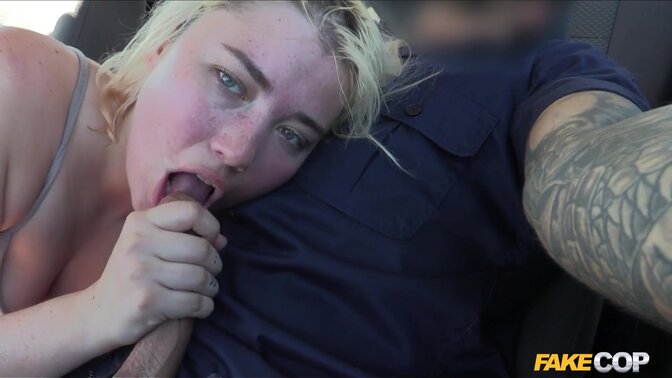 British babe Misha Cross gives deepthroat and facefuck to fake cop in the woods