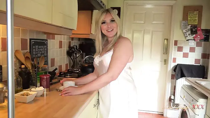 British busty BBW wife Charlie Rae sucks cock in the kitchen (POV)