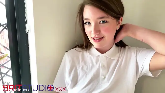 British teen in a polo shirt gags on cock