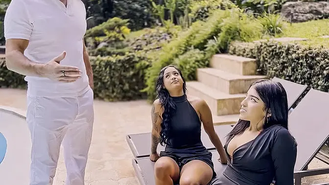 Brunette babe and stepdaughter lick and ride big cock