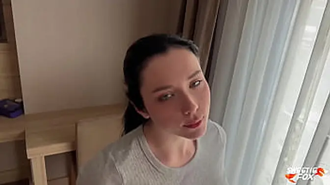 Brunette beauty deepthroats and gets hard fucked in hotel