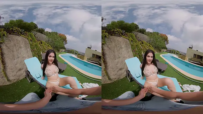 Brunette beauty rides cock in outdoor 3D VR fantasy
