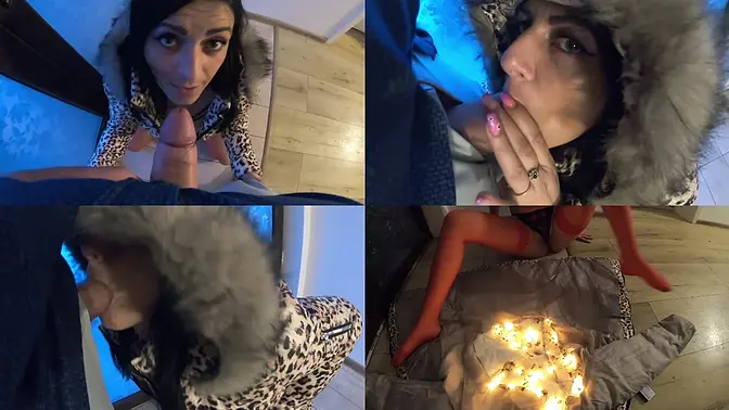 Brunette gets facefucked and covered in cum while wearing glossy jacket