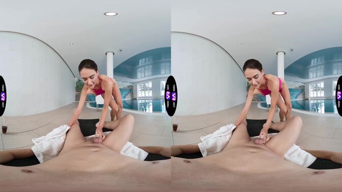 Brunette girlfriend rides and begs for cum on her belly in POV