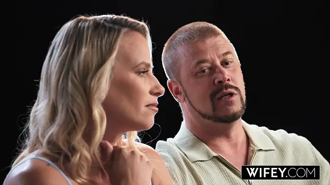 Brunette MILF wife shares hot kisses with her blonde lover