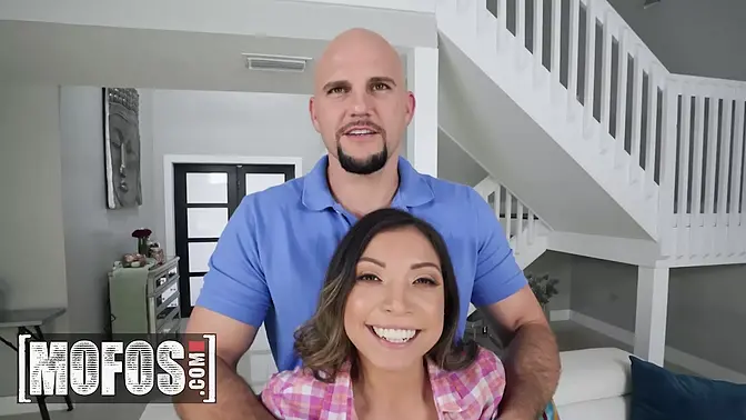 Brunette seduces muscular JMac with her bouncy tits