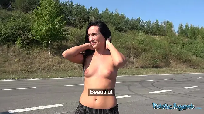 Brunette slut rides big cock in public