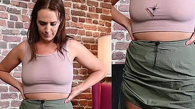 Busty Alisha Adams tries on outfits and gets her boobs taped