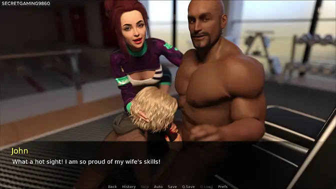 Busty anime wife surprises hubby with huge BBC in gym