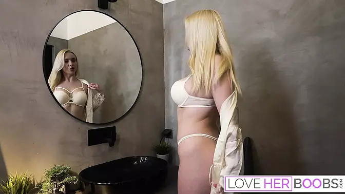 Busty babe gets her huge melons played with