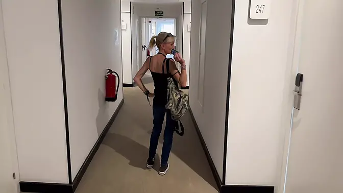 Busty blonde milf gets fucked in hotel room while husband eats breakfast