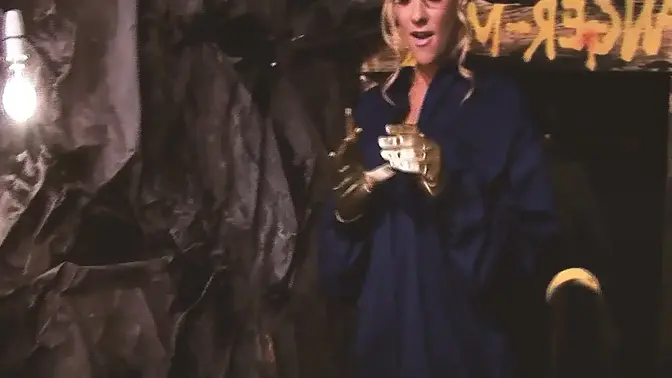 Busty blonde MILF in lingerie fucks in panties at the mine