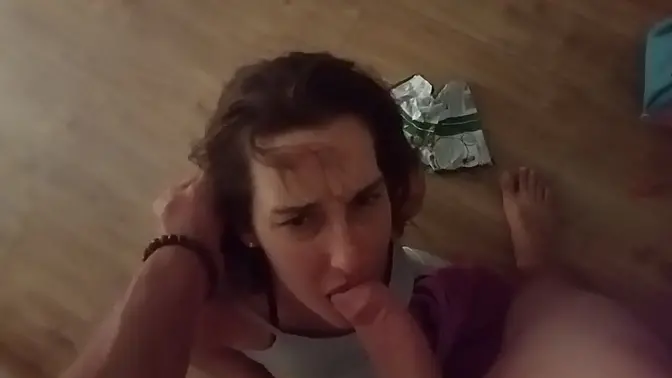 Busty blonde milf sucks huge cock and loves getting spit on