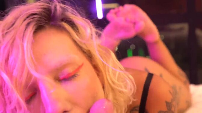 Busty blonde whore gives POV blowjob and handjobs backstage