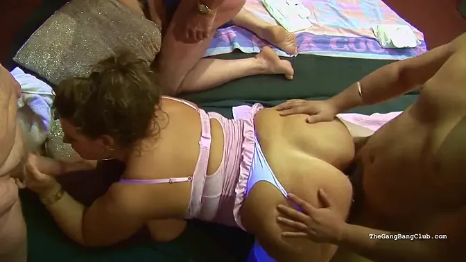 Busty British BBW and skinny amateur at wild group sex party