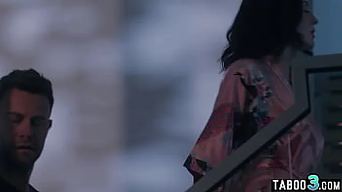 Busty brunette Charlotte Sins gives a deepthroat blowjob on two big dicks