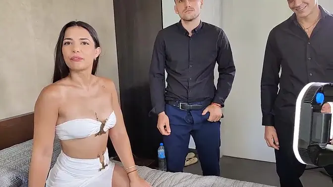 Busty brunette MILF and blonde pornstar have a steamy foursome with a hispanic stud