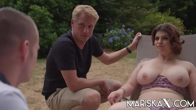 Busty Lucia Love screws landscaper and his friend in outdoor threesome