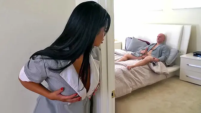 Busty maid gets busted and sucks big cock