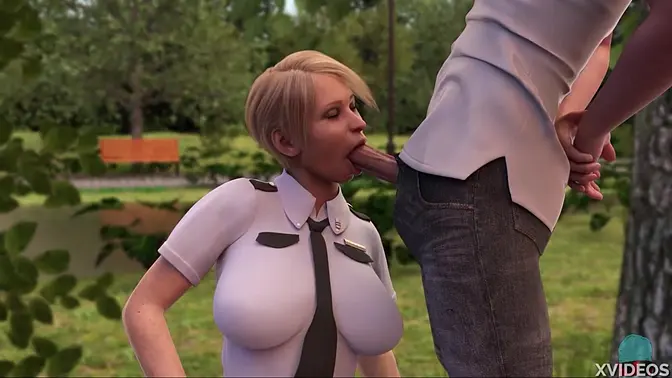 Busty MILF cop sucks cock in public while teen gets spanked