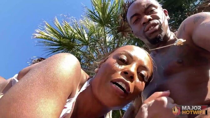 Busty milf gets a wet BBC creampie at the poolside