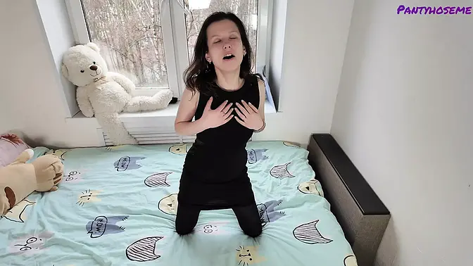 Cheating MILF fucks boyfriend at work, wearing sexy black pantyhose