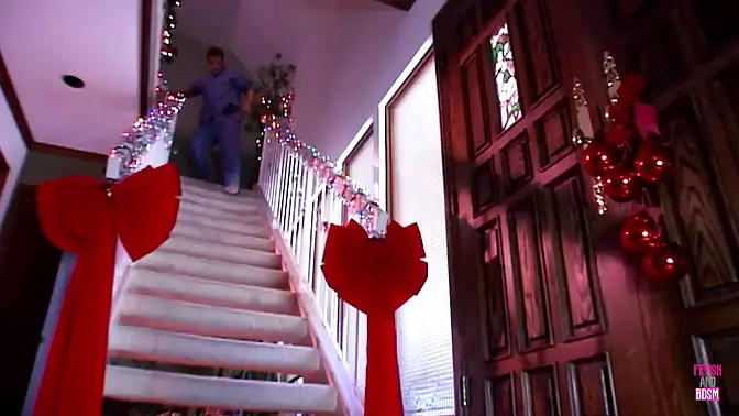 Christmas blonde babe with large fake juggs gets banged by a hung lover