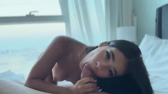 Colombian beauty rides big dick in penthouse morning fuck