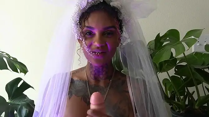 Curvy Black MILF in wedding dress gives deepthroat JOI