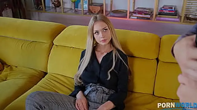 Curvy blonde babe fucks two cocks at once