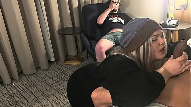 Curvy blonde hotwife gags on huge cock in cucking session