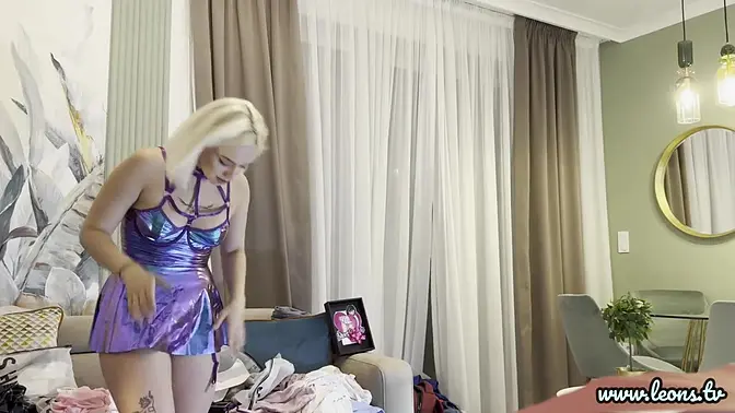 Curvy blonde in mini skirt and g-string makes sexy coffee