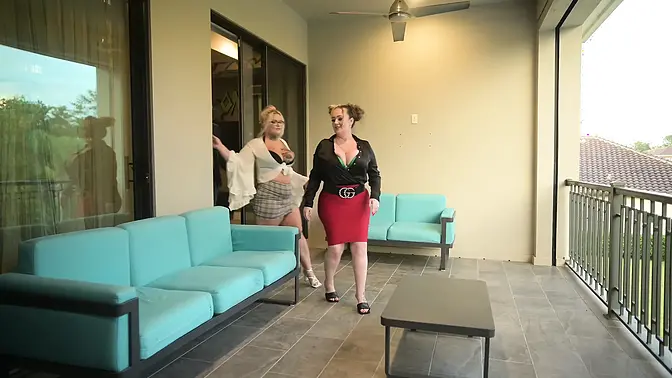 Curvy blonde realtors use their assets to sell a massive house