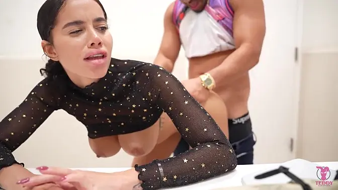 Curvy Latina Victoria June sucks big cock in mall bathroom