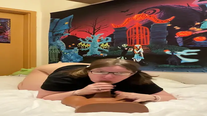 Curvy MILF Nymeria Malfoy gets her tiny nerd pussy stuffed by 18cm dildo