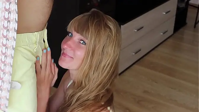 Cute blonde MILF Sasha Bikeyeva gives young man a homemade amateur blowjob