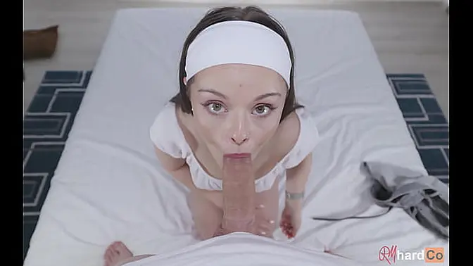 Cute Brunette with Green Eyes Sucks Big Cock for a Face Full of Cum