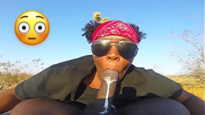 Dark beauty gives sloppy deepthroat blowjob in public