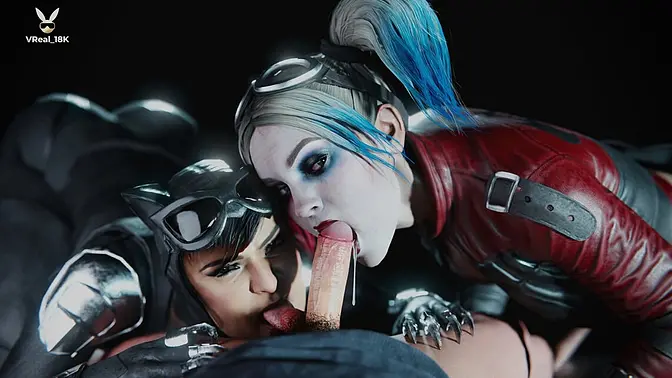DC's Harley & Catwoman give double blowjob in FFM threesome