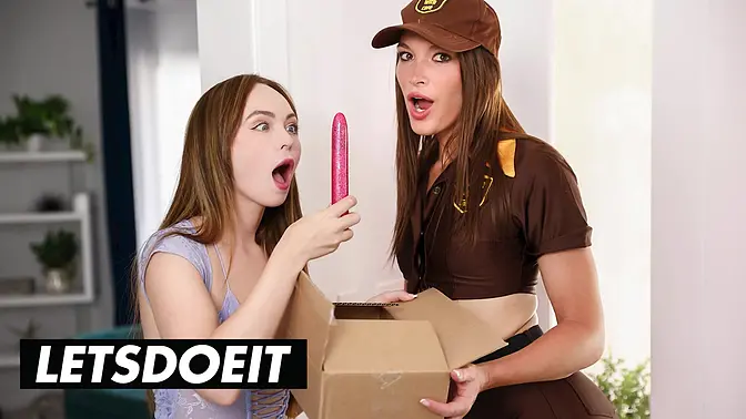 Delivery girl Lilly Bell pounds Katrina Colt's tight pussy