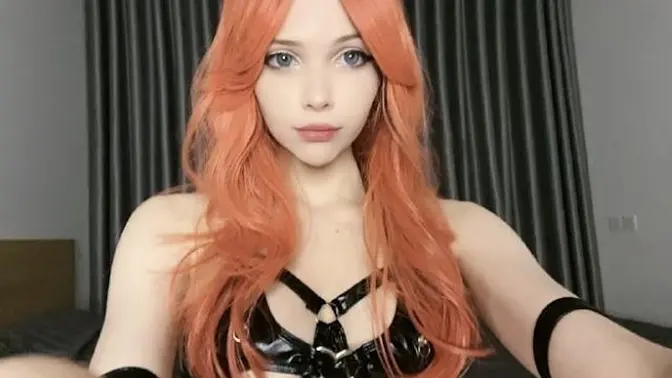 Dominant redhead mistress fucks submissive man with strap-on