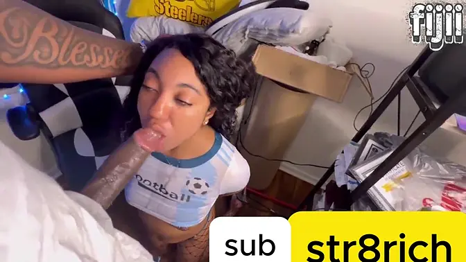 Ebony 18YO gives face-fucked blowjob and rides cock in doggystyle
