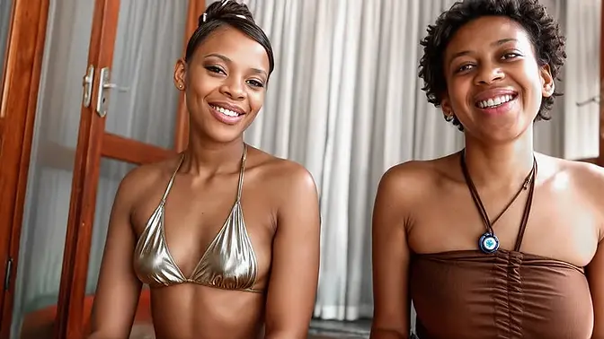 Ebony babes ride and suck big cock in hot threesome