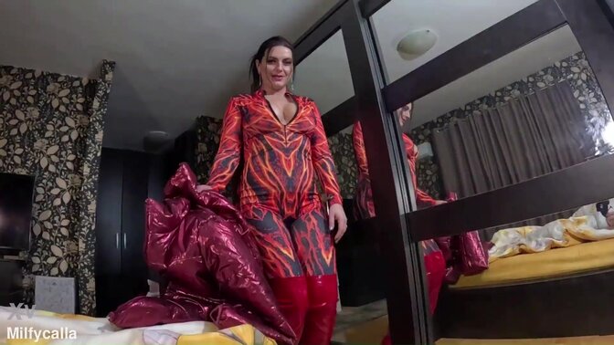 European milf in nylon jumpsuit gets deep blowjob and creamy load on her