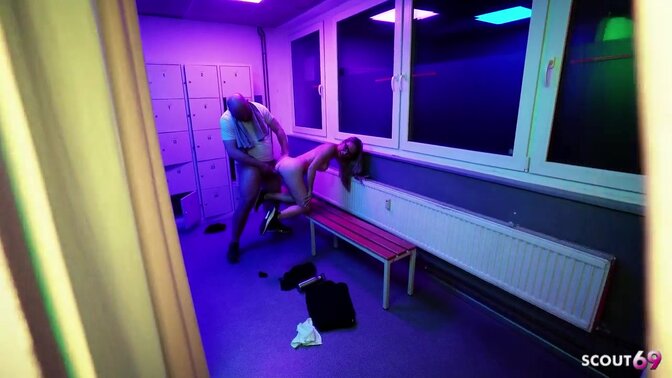 Fit blonde German GF gives a blowjob and rides cock in gym shower room