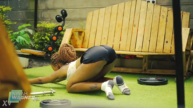 Flexible Ninah Wagner massages ass during hot yoga session