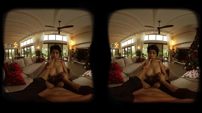 Flirty Santa gets sucked by natural big-titted Asian MILF