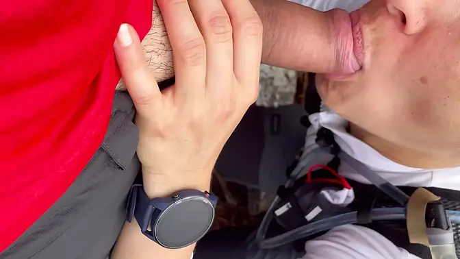 Forest MILF sucks stranger's cock and swallows his cum