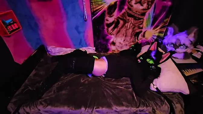 Furry kitty stuck edging with vibrator under BDSM bondage