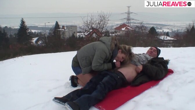 German blonde slut rides a fat cock in the snow
